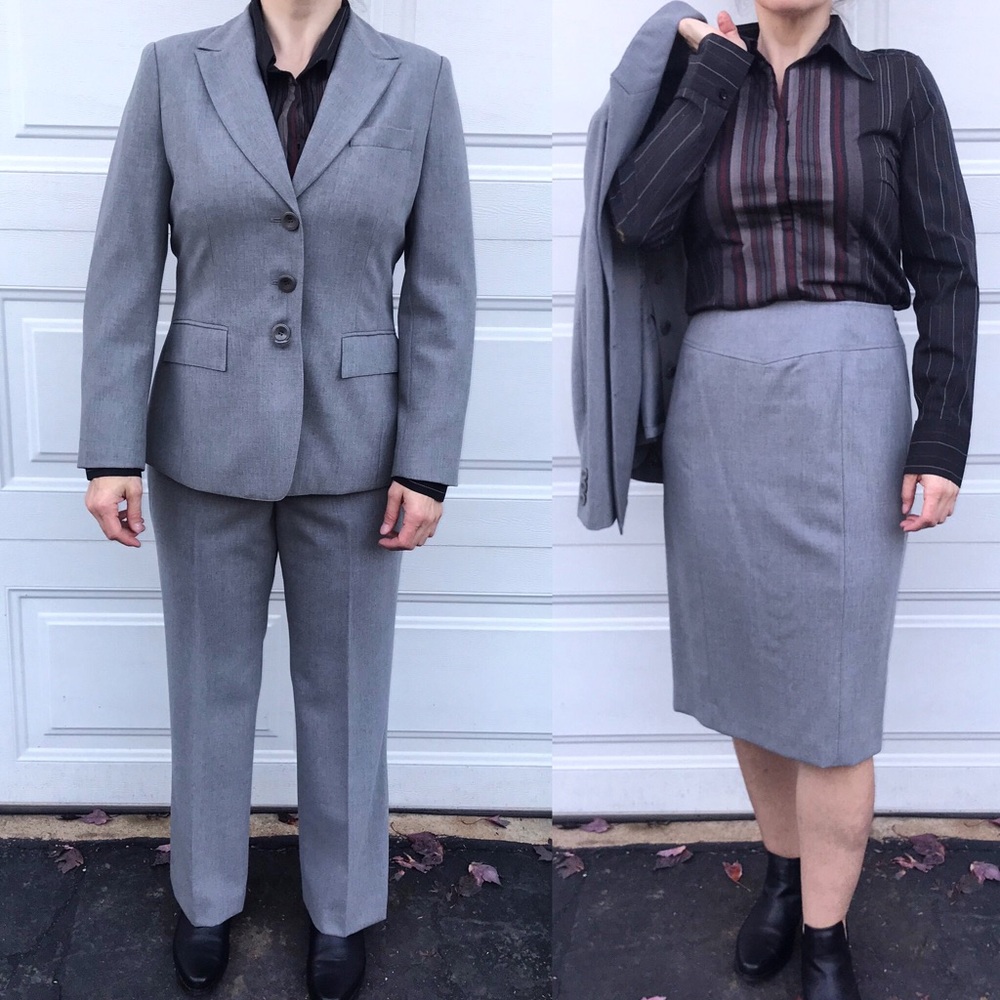 Talbots Grey 3 Piece Suit Skirt Pants Jacket Sz 8